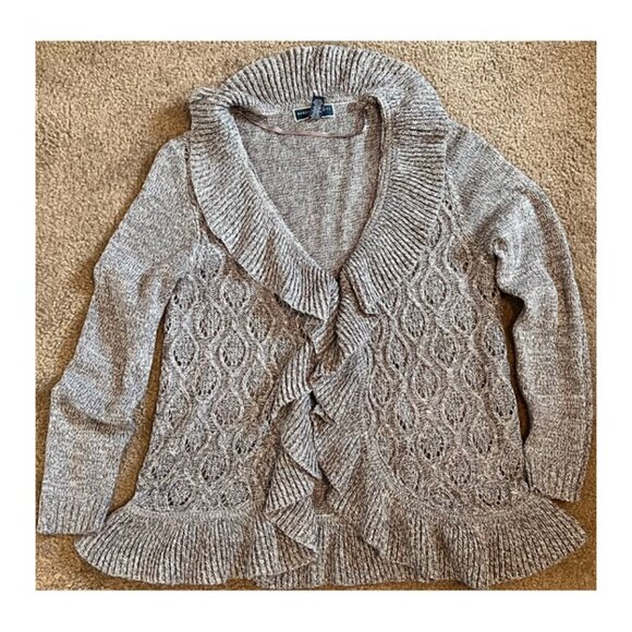 Karen Scott Petite XL Ruffle Cardigan Sweater Beige Marled Knit Cozy Open Front - Picture 4 of 13